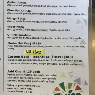 Açaí Bowl Menu
