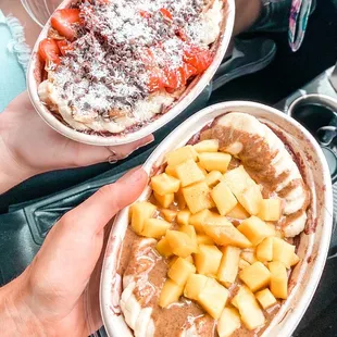 On the top: Mocha nut cup açaí bowl  On the bottom: Mango butter açaí bowl (but without the coconut)