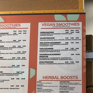 Vegan smoothies menu