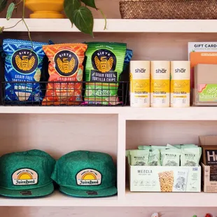 a shelf full of snacks and snacks