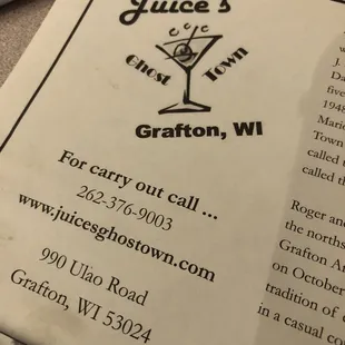 a menu for a drink