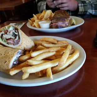 Grilled ham n cheese on rye and chicken bacon ranch wrap - both awesome. The fries were perfectly crispy, too!