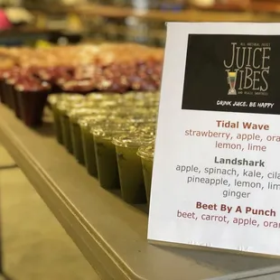 a menu for a variety of juices