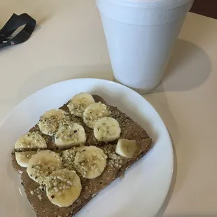 Almond butter toast and a strawberry splash smoothie