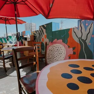 Outdoor seating with cute artwork!