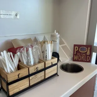a counter with a variety of items