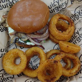 Spinach Swiss Burger and Onion Rings