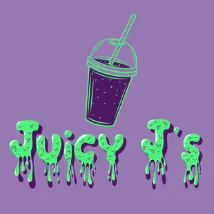 a purple background with a cup of juice and the words juicy j&apos;s