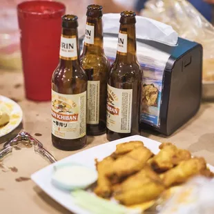 a table full of food and drinks