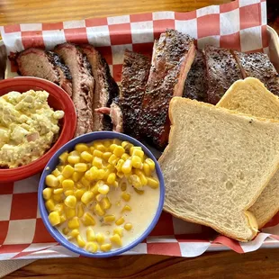 St. Louis Style Ribs, Brisket, Kens Potato Salad, Texas Style Creamed Corn