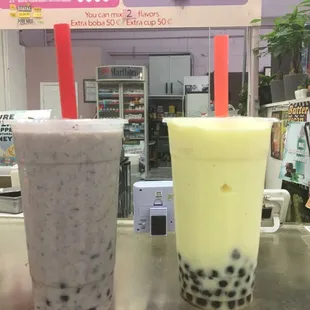 Red bean smoothie w/boba and mango coconut w/boba