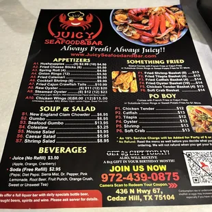 the menu for juicy seafood and bar