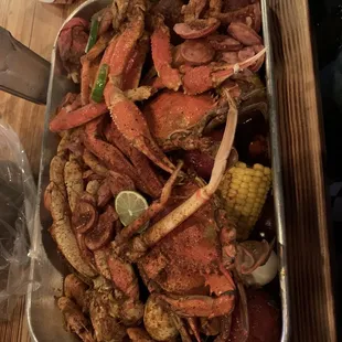&quot;The sleeping crabby&quot;  Snow crab, blue crab, dungenus, corn, potato&apos;s, sausage, shrimp (head on and off)