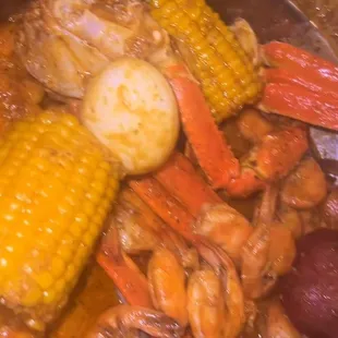 Seafood Boil!!! Snow Crab Legs, Shrimp(No Head), Boiled Eggs(2), Potato(3), Corn on the Cob.