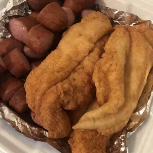 fried fish and sausages