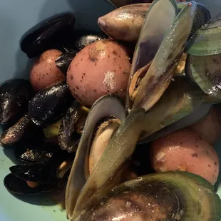 mussels and potatoes in a bowl
