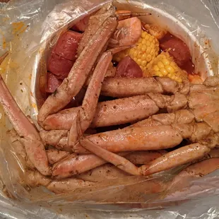 Snow Crabs, Sausage, potatoes, Corn on the cob, Shrimp