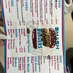 a menu for juicy smash burgers