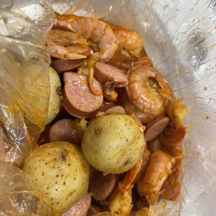 Shrimp, sausage &amp; potato broil with garlic seasoning.  Delish!