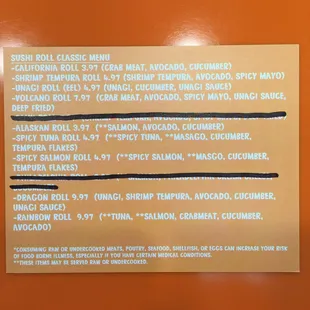Sushi menu