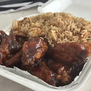 6 Piece Honey BBQ Wings and Shrimp Fried Rice