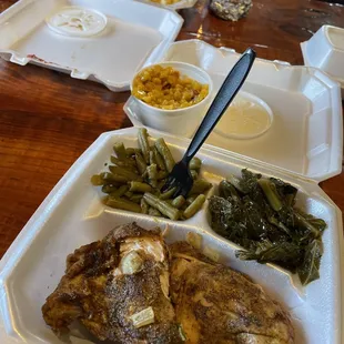 Baked Lemon Butter Garlic Chicken with green Beans and colored greens. Delicious!