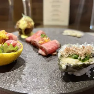 Wagyu Cold Tasting - Kumamoto Oyster, Tataki, Tartare, Tsukemono, Kagoshima Chuck Tender, a great way to start the meal, good things to come