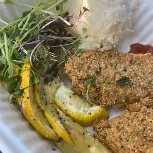 Lemon Pepper Chix n Fried Seitan with roasted squash and Jasmine Rice