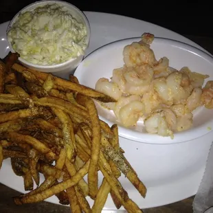 Grilled shrimp, slaw, and home made fries.