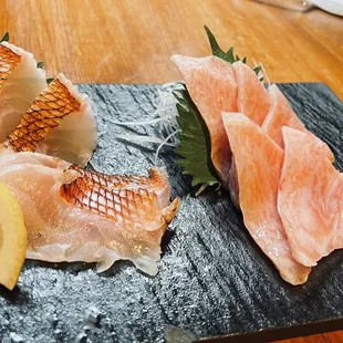Kinmedai (Golden Eye snapper) and toro sashimi.   Great quality