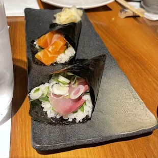 One salmon handroll and one hamachi handroll to share at the end of our meal.