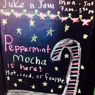 Peppermint Mocha and Peppermint Hot Chocolate are here! Also available with white mocha.