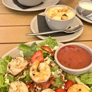 Strawberry feta salad with grilled shrimp, beer cheese soup