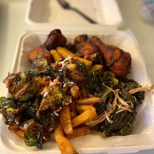 Gluten free Smoked Fried Chicken with Brussel Sprouts Cajun Fries and Collard