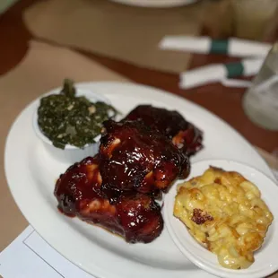 Blackberry Chipotle thighs, Collard Greens Baked Mac N' Cheese