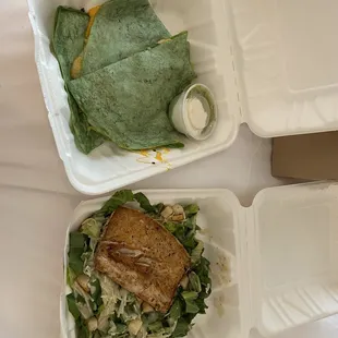 Chicken quesadilla and mahi Caesar salad