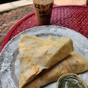 Turkey veggie crepe with pesto. Iced coffee.