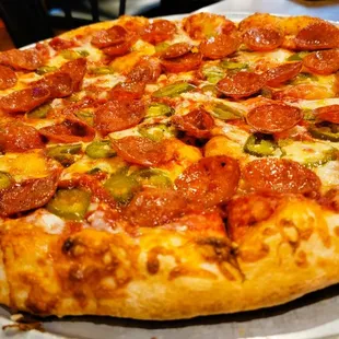 Large Pepperoni &amp; Jalapeño - Note how the pepperoni is on top of the cheese, not baked into it.