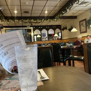 a glass of water and a menu