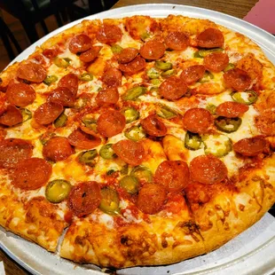 Large Pepperoni &amp; Jalapeño - Note how the pepperoni is on top of the cheese, not baked into it.
