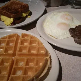 JJ breakfast sandwich and a #4 (waffle, sausage and eggs)