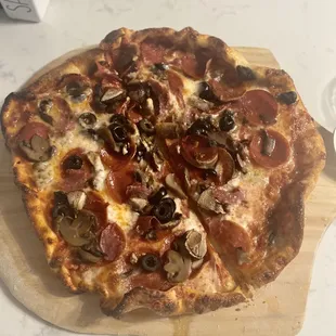 Pizza made from Pizza Kit- added mushrooms, black olives and spicy salami.