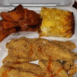 Fried Whiting Platter with macaroni and cheese and yams. 4 Big pieces