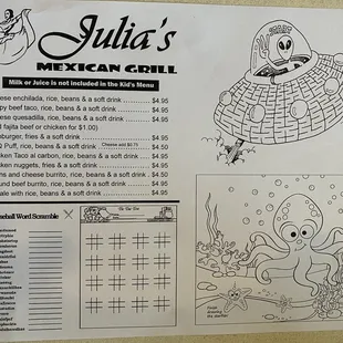 Current kids menu 5/9/22