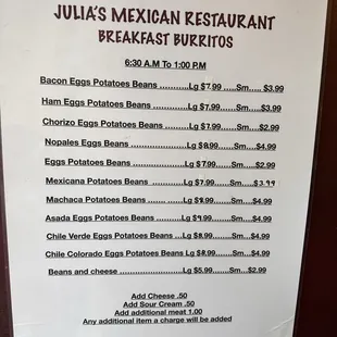 Breakfast burrito menu