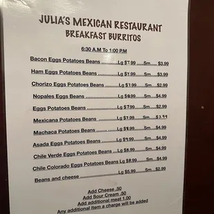 Burrito menu located on the inside of the front door.