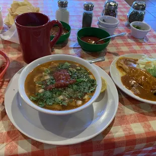 Bruch with Menudo and a Beef Enchilada and a large mug of coffee.  So delicious!!