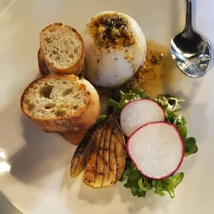 Burrata Almond Picado... grilled pear, frisse with balsamic &amp; vinegar dressing
