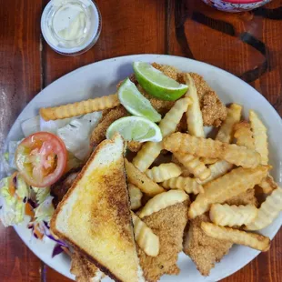 Fish plate with salad and French fries.