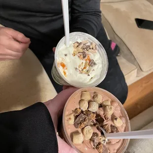 Chocolate concrete with Reese's cups and cookie dough, and vanilla concrete with Reese's pieces and Heath bar.